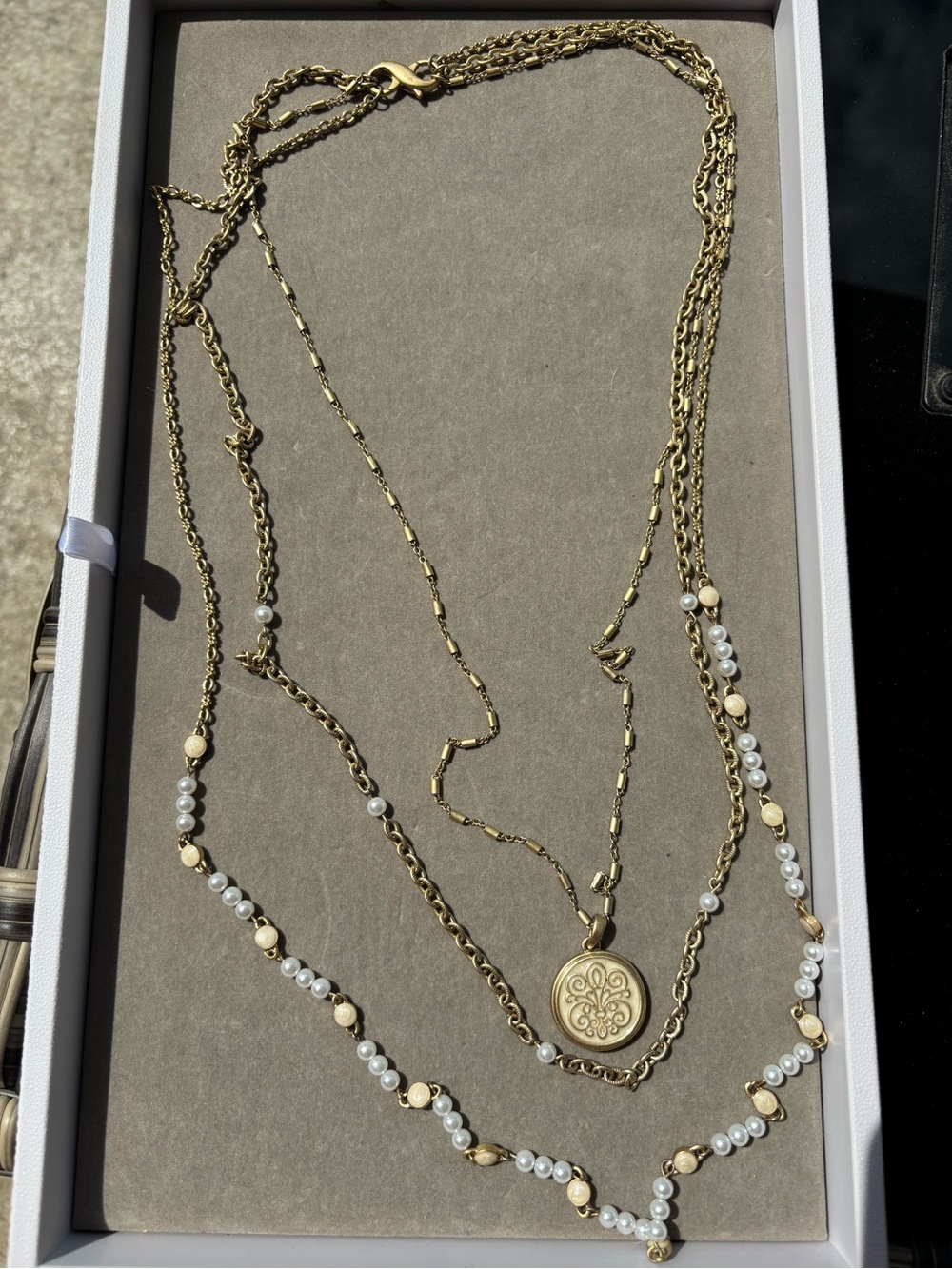 Lia Sophia Gold-Tone Layered Necklace with White Beads and Medallion